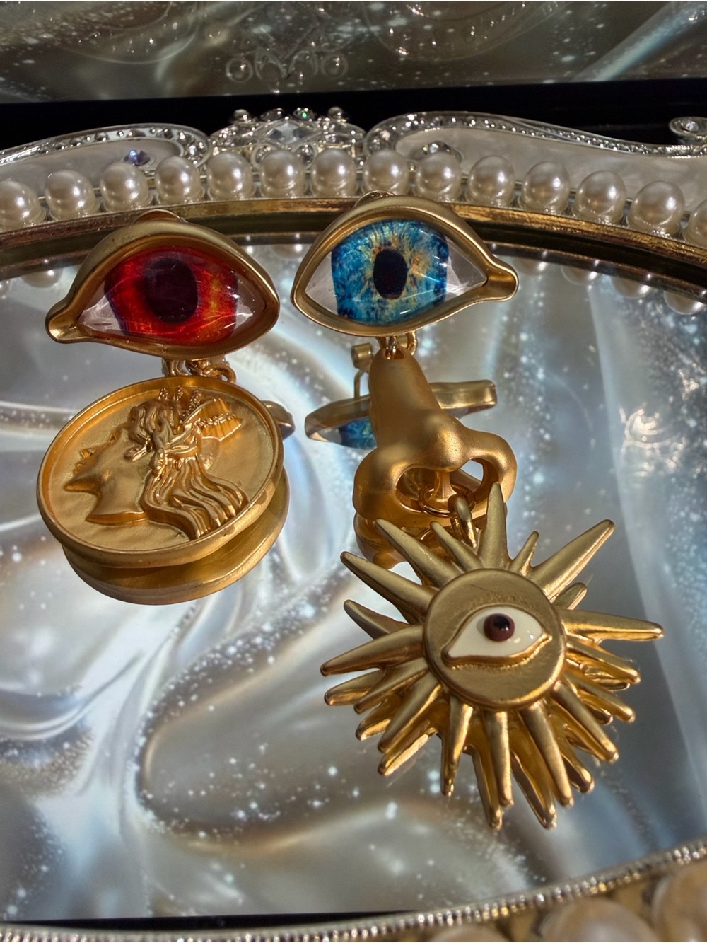Gold-Tone Asymmetrical Eye & Coin Drop Earrings with Blue and Red Accents
